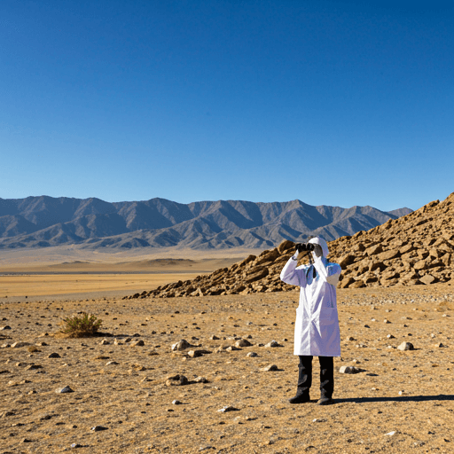 Scientific researcher in the Gobi Desert using binoculars